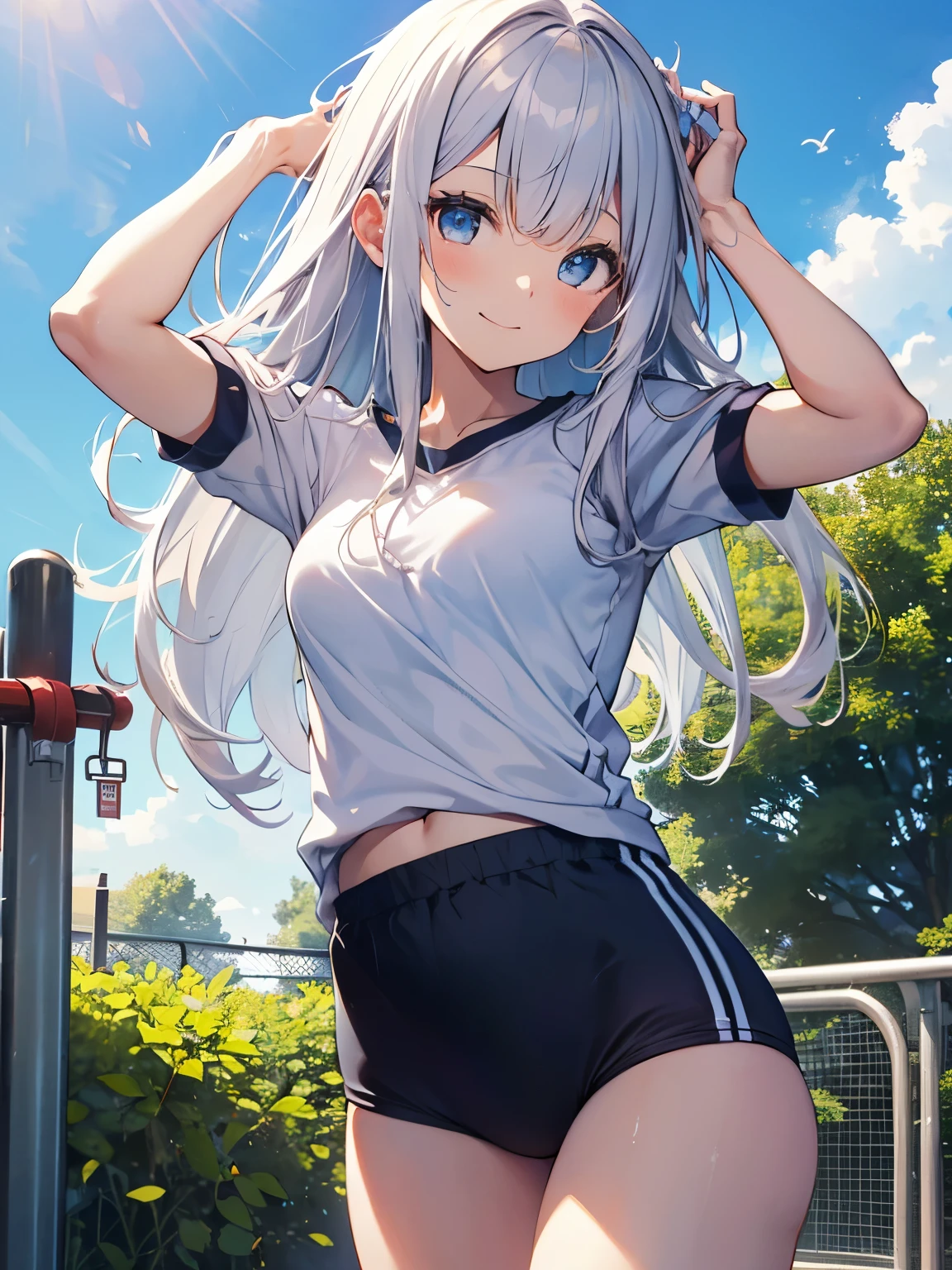 グラウンドをRun体操着姿の女の子、Silver Hair、Semi-long hair、Very detailed、High resolution、Super Beauty highest quality、8Kのmasterpiece, highest quality, The real picture, Intricate details, The Very detailed, 超A high resolution, Depth Field,(Photorealistic,Realistic:1.2),masterpiece, Photographed from the front ,positive、 ((1 girl))),Girl in gym clothes、((Bloomers:1.3)), ((bloomers:1.3)), ((Outside the house))、((playground))、(highest qualityのイラスト:1.2), (pretty girl:1.1), (1 girl, alone:1.5), (1 girl、16 years old、Very detailedな目:1.2)、perfect glowing skin, Perfect Skin, Narrow waist、 smile Perfect Five Fingers、Sweat、Her underwear is visible:1.3,、Girl running away、Run、blue sky、Beautiful breasts、big breasts