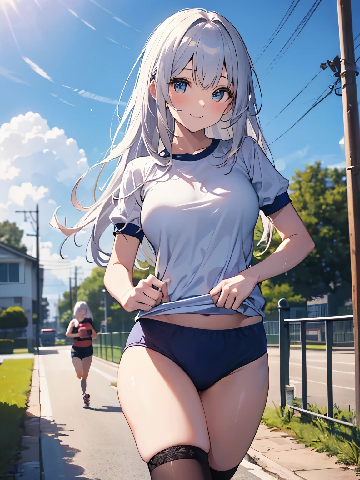 グラウンドをRun体操着姿の女の子、Silver Hair、Semi-long hair、Very detailed、High resolution、Super Beauty　highest quality、8Kのmasterpiece, highest quality, The real picture, Intricate details, The Very detailed, 超A high resolution, Depth Field,(Photorealistic,Realistic:1.2),masterpiece, Photographed from the front ,positive、 ((1 girl))),Girl in gym clothes、((Bloomers:1.3)), ((bloomers:1.3)), ((Outside the house))、((playground))、(highest qualityのイラスト:1.2), (pretty girl:1.1), (1 girl, alone:1.5), (1 girl、16 years old、Very detailedな目:1.2)、perfect glowing skin, Perfect Skin, Narrow waist、 smile　Perfect Five Fingers、Sweat、Her underwear is visible:1.3,、Girl running away、Run、blue sky、Beautiful breasts、big breasts
