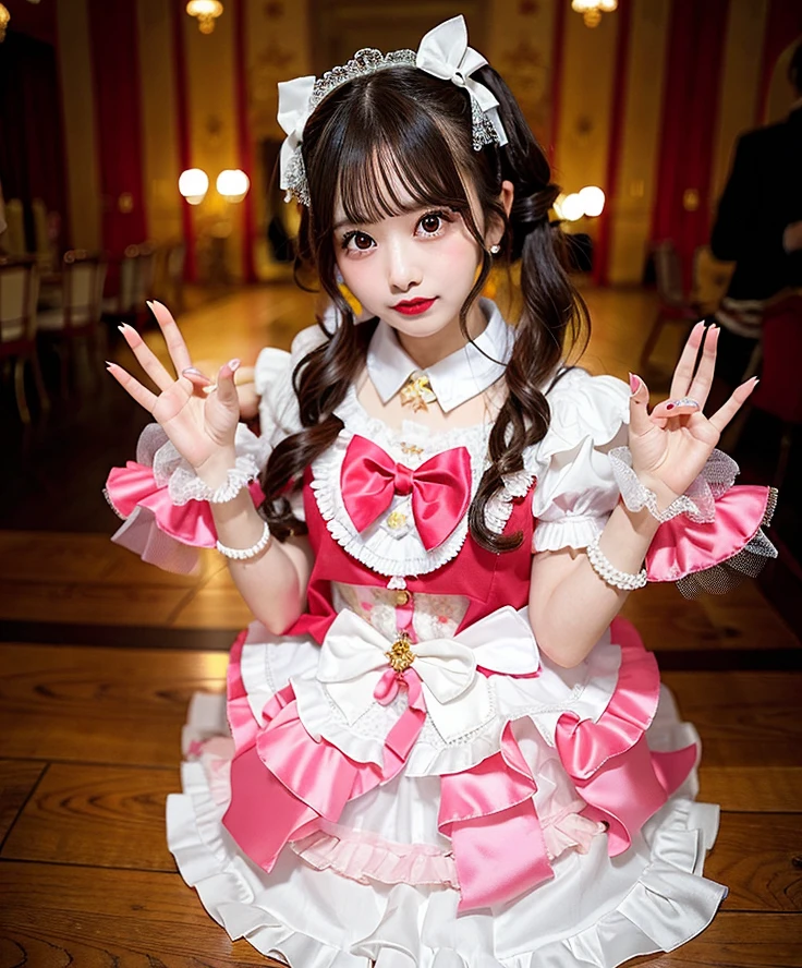 Woman in gold satin dress posing for photo, angelic pretty, Belle Delphine, fairycore, kawaii decora rainbowcore, portrait of the magical ta girl, Lolityle, y 2 k cutecore clowncore, cutecore, Lolita Fon, by Ayami Kojima, kinomoto sakura, Satin costume with frills, , juri misaki