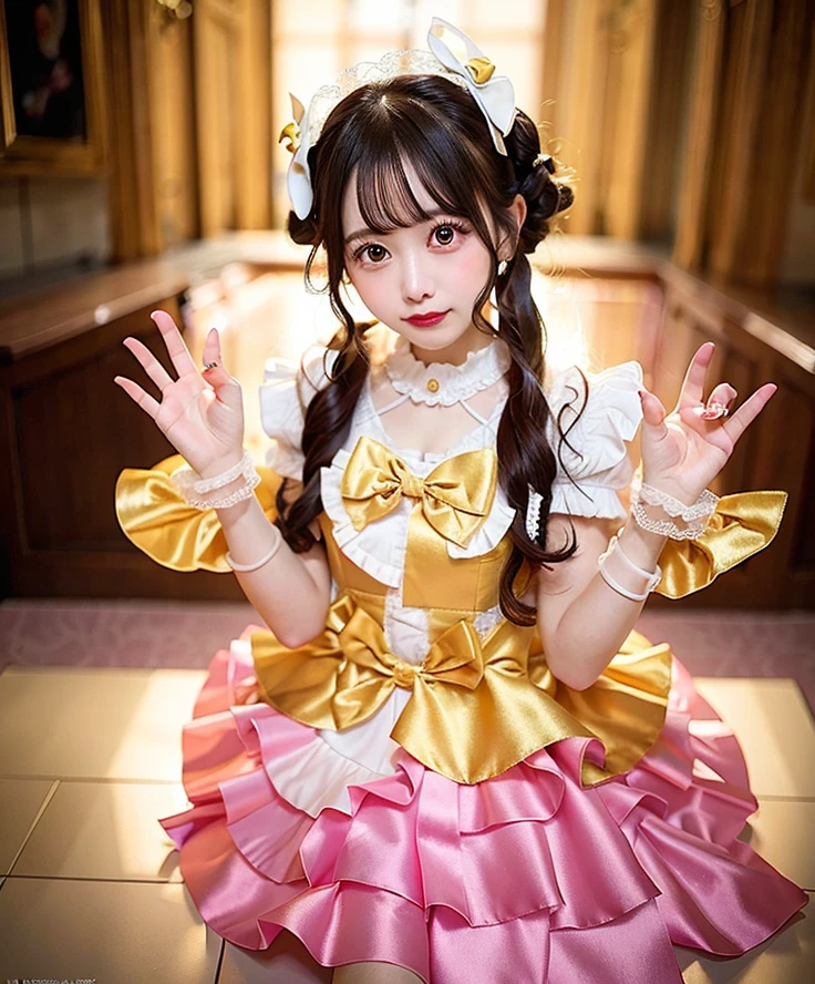 Woman in gold satin dress posing for photo, angelic pretty, Belle Delphine, fairycore, kawaii decora rainbowcore, portrait of the magical ta girl, Lolityle, y 2 k cutecore clowncore, cutecore, Lolita Fon, by Ayami Kojima, kinomoto sakura, Satin costume with frills, , juri misaki