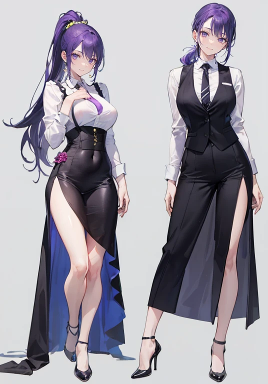 ((Perfect Face)),Purple Hair,A neat long ponytail,1 female,bartender,suit,Black vest,Shirt with rolled up sleeves,tie,slit,High heels,Stand with your feet shoulder-width apart,beautiful posture,standing tall,,((Simple Background)),smile,((whole body)),((Full Body)),((full body)),Portraiture,virtual,upright,,((Both arms are down)),Standing upright with face and body facing forward,
