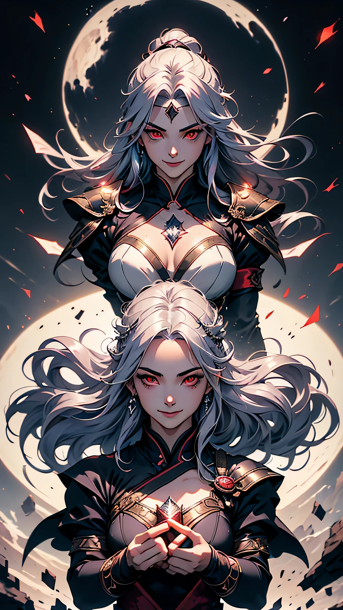 最high quality、Best image quality、masterpiece、girl((20-year-old、 By becoming、Best Bust、Medium Bust,Wide open breast tea、red glowing eyes,Silver Hair、Disheveled Hair、Long Hair、thin,The highest valley、Open chest、White wristband、smile、hair ornaments、Sports Cap、Many accessories、Diamond Ninja Suit、Fighting Pose)),high quality、Beautiful art、background((Dark world))、Flight、Flying debris、Written boundary depth、movie、Visual Arts、Perfect art、8K,Genuine、