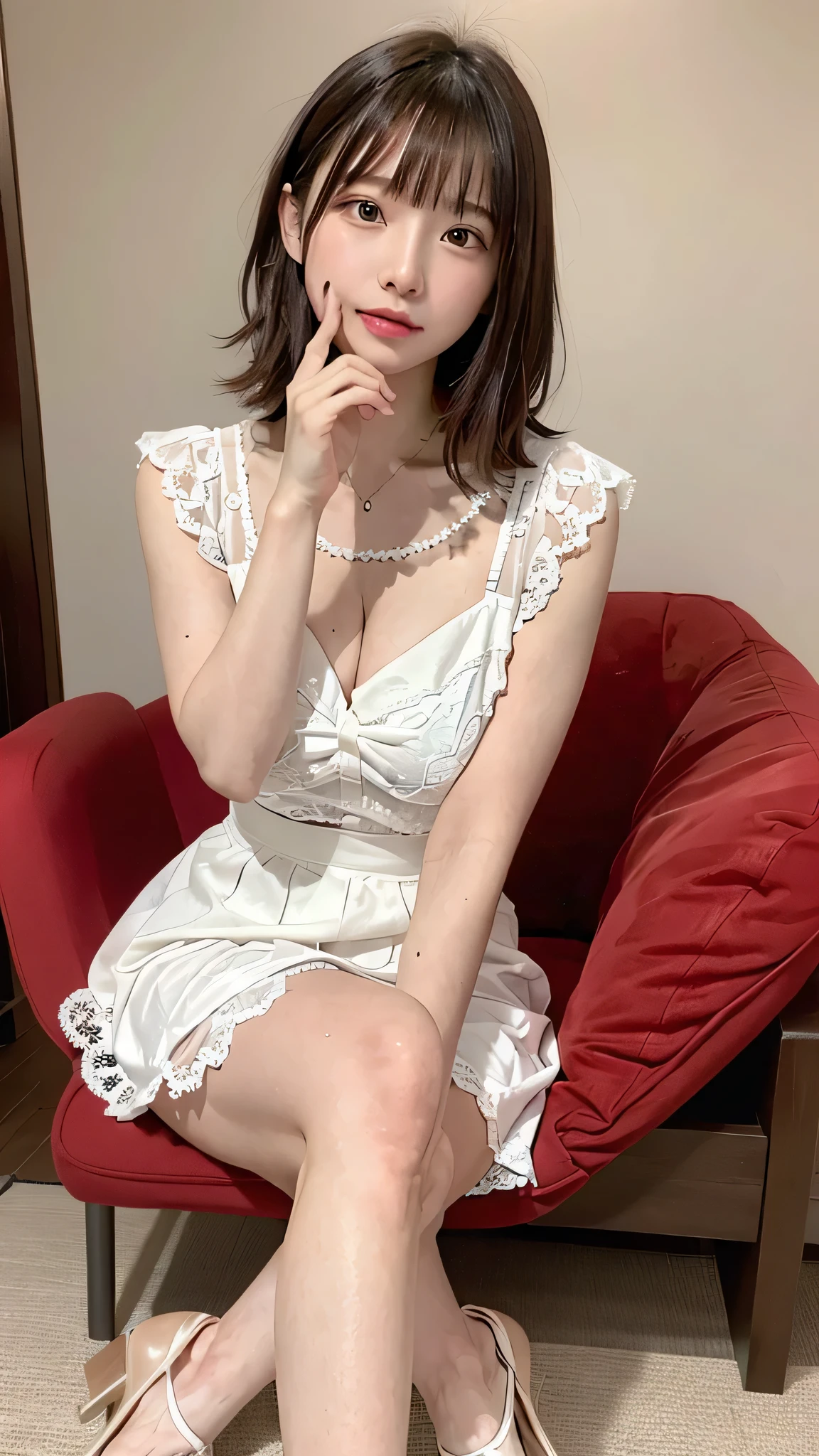 Japanese beauty in a white skirt sitting on a red chair wearing high heels. The top of her dress has lace details. She is slightly bowing down and putting one hand to cover her face. Warm light in front of an elegant background in a full body photo taken with professional photography. She has a natural expression, elegant movements, and a confident smile. Her , charming eyes, soft tones, natural skin texture, and bright colors come together with her charming posture in the style of a professional photographer. --ar 48:65
