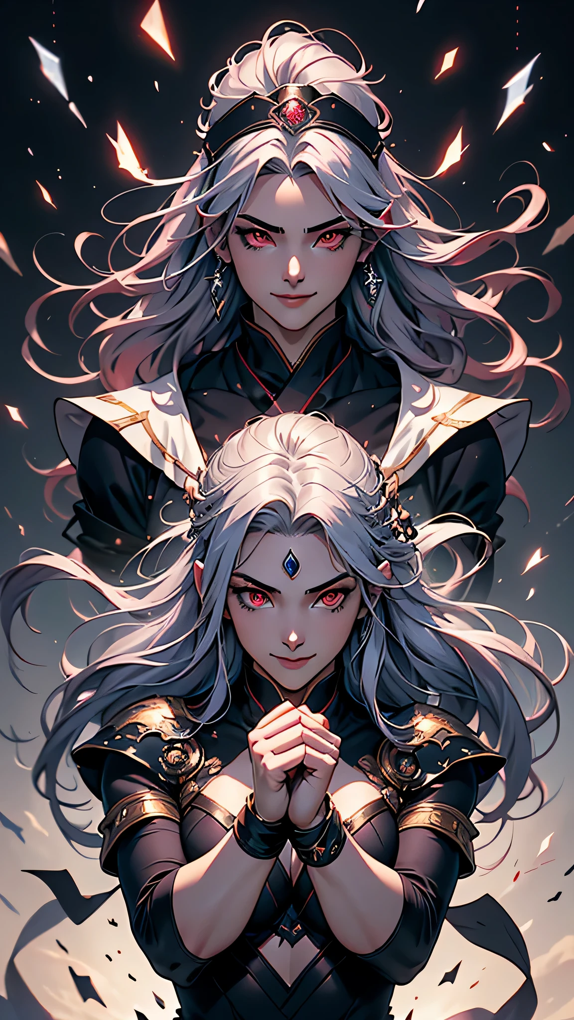 最high quality、Best image quality、masterpiece、girl((20-year-old、 By becoming、Best Bust、Medium Bust,Wide open breast tea、red glowing eyes,Silver Hair、Disheveled Hair、Long Hair、thin,The highest valley、Open chest、White wristband、smile、hair ornaments、Sports Cap、Many accessories、Diamond Ninja Suit、Fighting Pose)),high quality、Beautiful art、background((Dark world))、Flight、Flying debris、Written boundary depth、movie、Visual Arts、Perfect art、8K,Genuine、