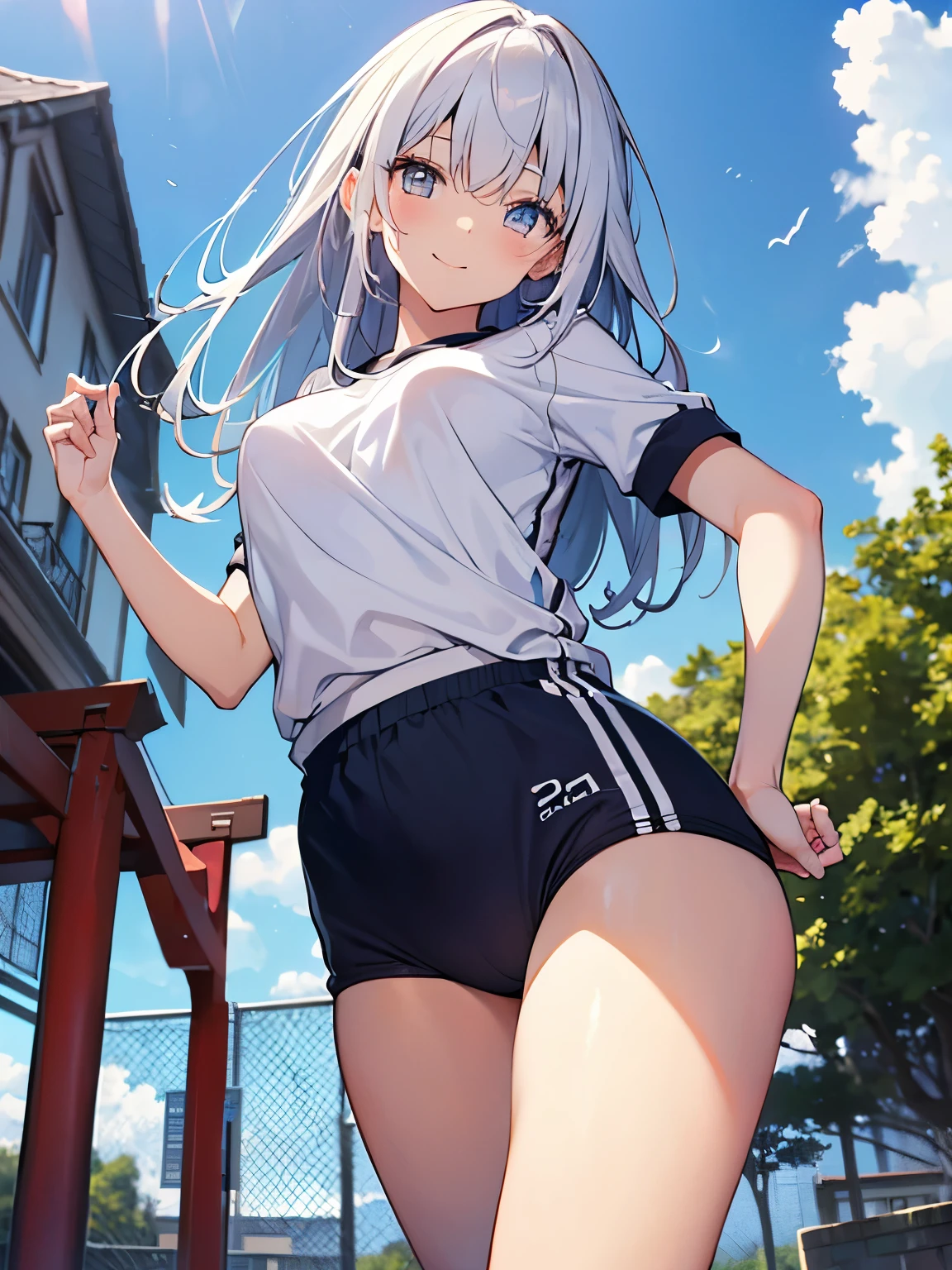 グラウンドをRun体操着姿の女の子、Silver Hair、Semi-long hair、Very detailed、High resolution、Super Beauty　highest quality、8Kのmasterpiece, highest quality, The real picture, Intricate details, The Very detailed, 超A high resolution, Depth Field,(Photorealistic,Realistic:1.2),masterpiece, Photographed from the front ,positive、 ((1 girl))),Girl in gym clothes、((Bloomers:1.3)), ((bloomers:1.3)), ((Outside the house))、((playground))、(highest qualityのイラスト:1.2), (pretty girl:1.1), (1 girl, alone:1.5), (1 girl、、Very detailedな目:1.2)、perfect glowing skin, Perfect Skin, Narrow waist、 smile　Perfect Five Fingers、Sweat、Her underwear is visible:1.3,、Girl running away、Run、blue sky、Beautiful breasts、big breasts