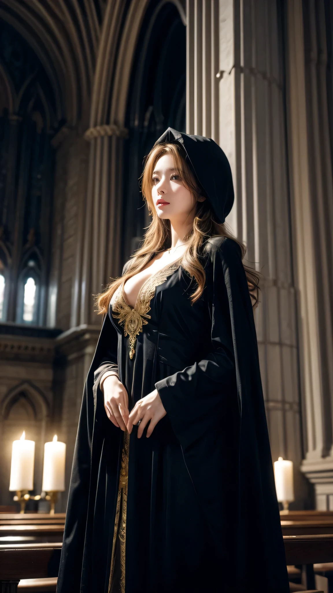 Dark Souls, Dim Lights, Old Church, Mature female, Slim, High, Long curly blond hair, Long black cloak, Red bodycon dress, diamond long skirt, Gold Bracelet, 8k, official style, european aristocrat,