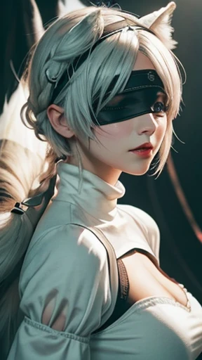 (Hyper realistic super detailed, masterpiece, top quality, best quality, official art, beautiful and aesthetic:1.2, ), ultra high res,(photorealistic:1.4), extreme detailed,colorful,highest detailed, official art, unity 8k wallpaper, ultra detailed, 1girl, wlop, ((blindfold)), (magic cirlce:1.2), Detailed face, breasts, cleavage, cleavage cutout, dress cutout, White background, hair between eyes, headband, high resolution, juliet sleeves, long sleeves, nier (series), (nier automata, 2b), fluffy sleeves, red lips, shadow face, short hair, solo, beautiful, masterpiece, best quality, turtleneck sweater, upper body, l blue hair, sky, white fox ears, white fox tail, nine-tailed fox, cinematic lighting