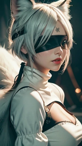 (Hyper realistic super detailed, masterpiece, top quality, best quality, official art, beautiful and aesthetic:1.2, ), ultra high res,(photorealistic:1.4), extreme detailed,colorful,highest detailed, official art, unity 8k wallpaper, ultra detailed, 1girl, wlop, ((blindfold)), (magic cirlce:1.2), Detailed face, breasts, cleavage, cleavage cutout, dress cutout, White background, hair between eyes, headband, high resolution, juliet sleeves, long sleeves, nier (series), (nier automata, 2b), fluffy sleeves, red lips, shadow face, short hair, solo, beautiful, masterpiece, best quality, turtleneck sweater, upper body, l blue hair, sky, white fox ears, white fox tail, nine-tailed fox, cinematic lighting