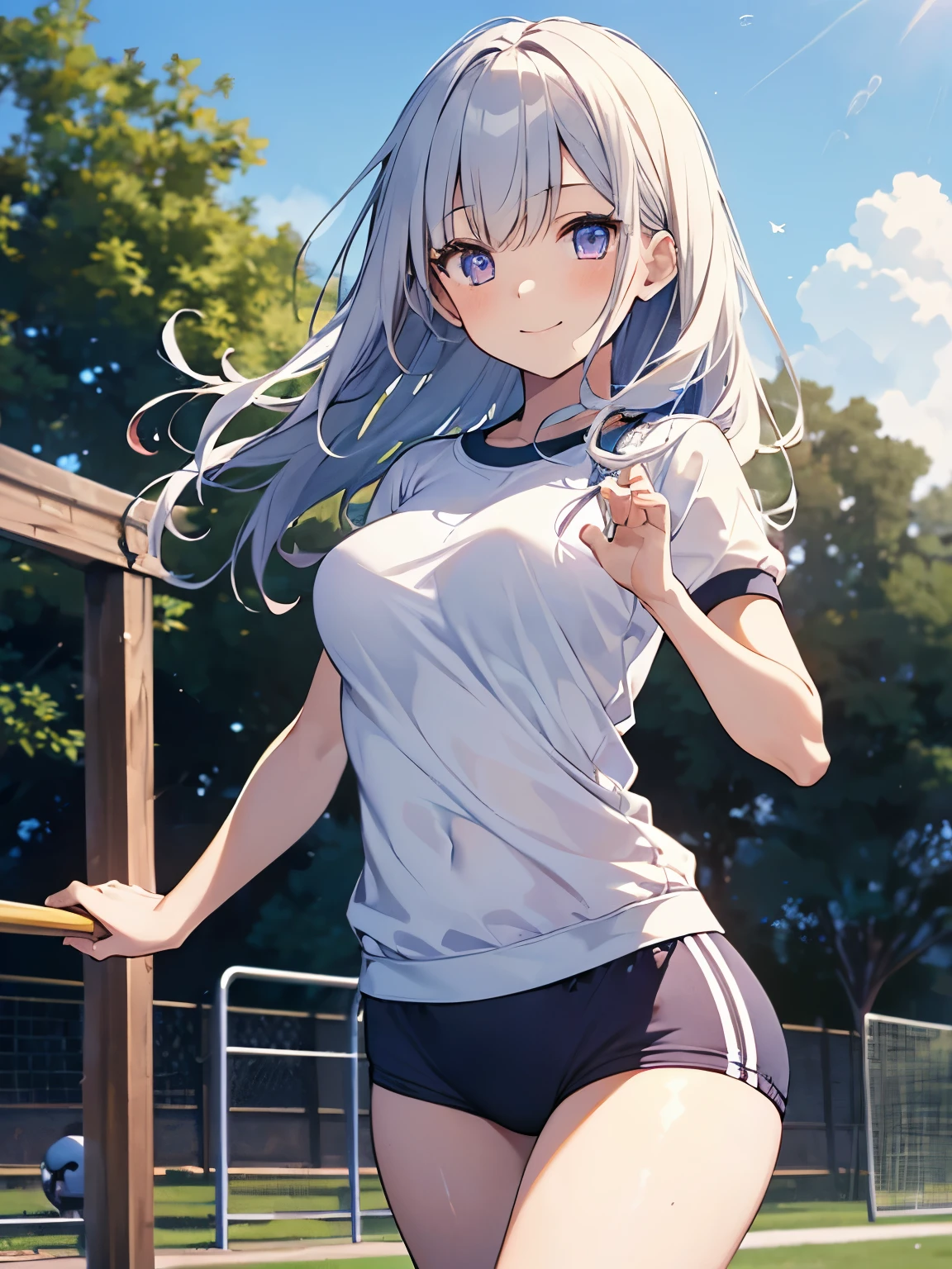 (Ultra Real), (Illustration), (High Resolution), (8K), (Very Detailed), (Best Illustration), (Beautiful Detailed Eyes), (Best Quality), (Super Detailed), (Masterpiece), (Wallpaper), (Detailed Face), Solo, (Dynamic Pose, 1girl in, Medium White Hair, Beautiful sky blue eyes, Pony tail, Tank Tops, Mini skirt, at noon, Park, Cute, blush, medium breasts, Center division, arm up, armpits, sweat, sportswear, schoolyard background, show armpits