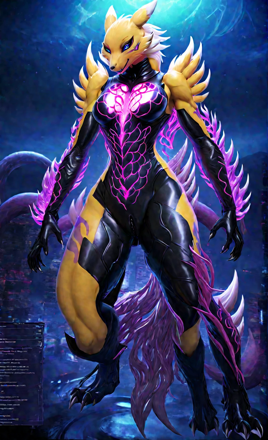 NSFW，Full-body concept art, 1 woman,renamon， dragon full body suit, evil fall, phantomization, violating vagina, zodiac girl, s, biological unit, tentacle clothes, high image quality, high detail, HUD, real, 16K
