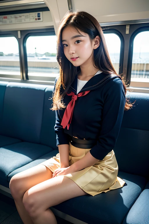 ((highest quality)), ((masterpiece)), (detailed), Perfect Face Long Hair Sailor suit mini skirt Leather shoes Commuting by train profile Looking out the window