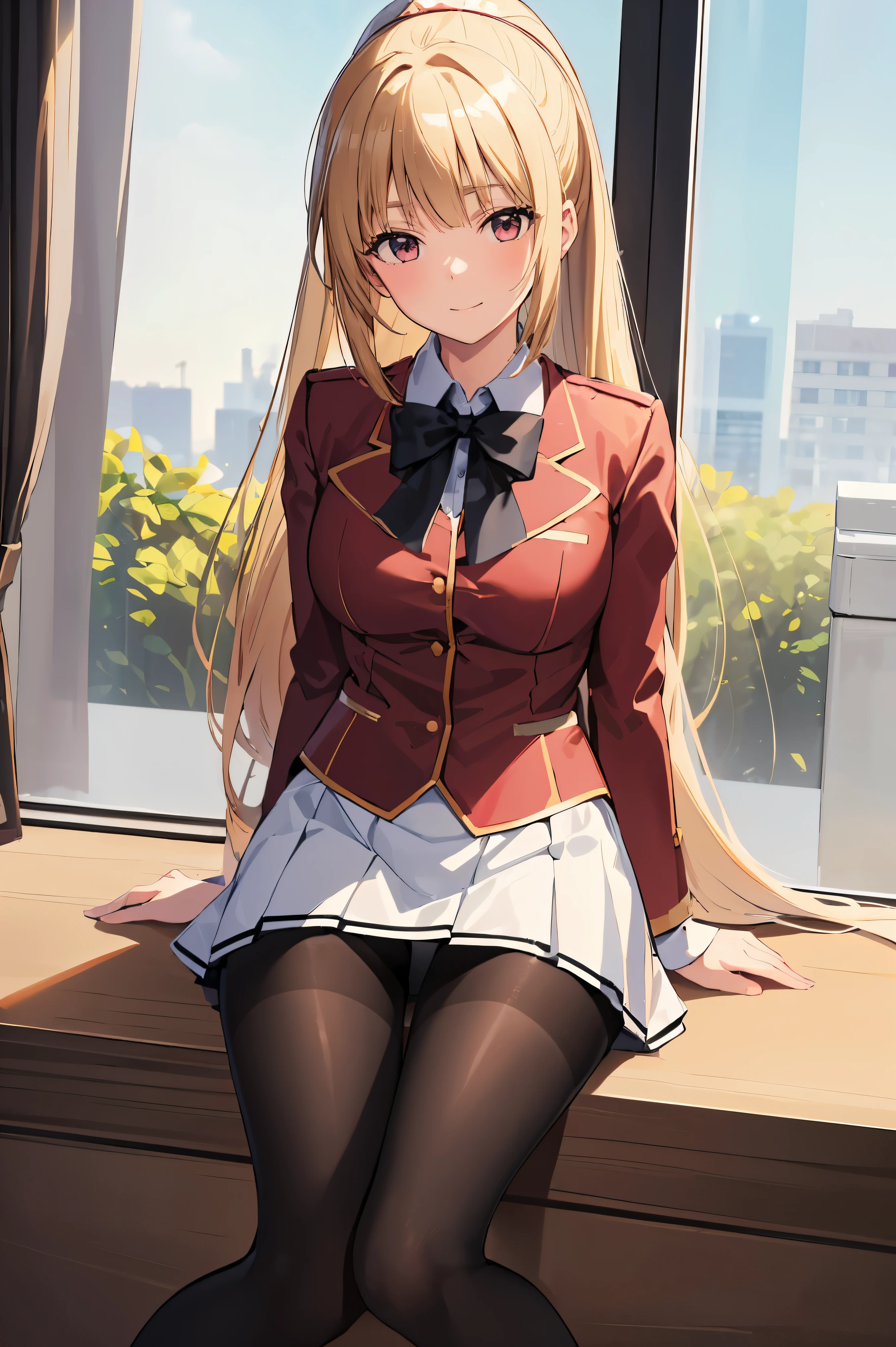 (masterpiece), (best quality), (illustration), (beautiful detailed), (highres), black pantyhose,white skirt,black pantyhose miniskirt, black pantyhose pleated skirt, red jacket, black pantyhose looking at viewer,sitting,(school uniform), white shirt,blush,shy,indoors, window,blonde hair, black pantyhose ponytail,((black pantyhose)) smile