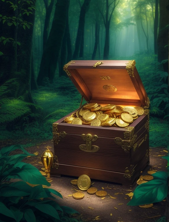 There is a chest full of gold coins in the forest, ouro e Treasure, hiding large treasure chest, Treasures de ouro, treasure chest, There are many gold coins, Treasure, ele tem um Treasure com ele, fundo do Treasure, treasure chests, Treasure acumular, Treasure, muitos Treasures, olhando para a caixa do Treasure, artefato do Treasure, Hidden in the forest, sala do Treasure，More sunlight penetrates the trees，Sunlight falls on gold coins and treasure chests