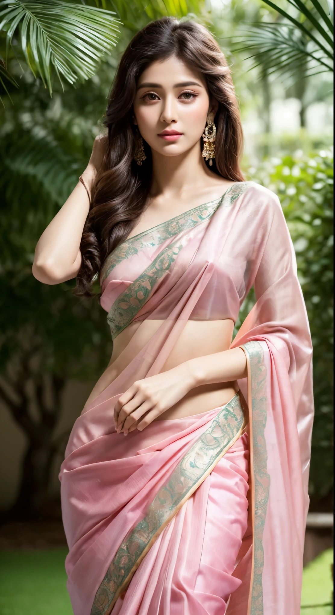 Full body of (A hyper-realistic), (illustration), (high resolution), (8K), (highly detailed), (The best illustration of beautiful detailed image), (top-quality), (ultra-detailed), (masterpiece), (beautiful attractive face), long hair, Earrings with bangs, ((20 year old Indian beautiful girl)) , (((wearing pink traditional saree))) , (((Glamorous body))) , naked, nude, nipples,naked upper body, Elegant Pose, Seduction pose, Looking at the camera, garden background