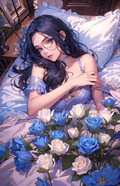 ((highest quality)), ((masterpiece)), (get used to it), perfect face , beautiful girl , beautiful long black hair , beautiful blue eyes , In underwear ,  Blue roses scattered , lie on the bed ,