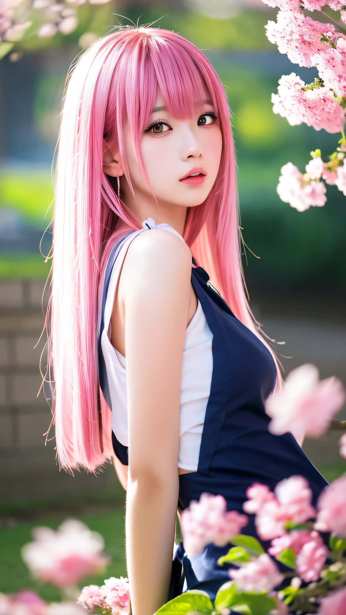 Anime girl with pink hair and green eyes poses for photo, haruno sakura, Best Anime 4K Kona-chan Wallpaper, seductive anime girl, marin kitagawa fanart, There are cherry blossom petals around her, splash art anime , anime style 4k, anime moe art style, High quality anime art style, detailed anime artwork, anime wallpaper, anime best girl