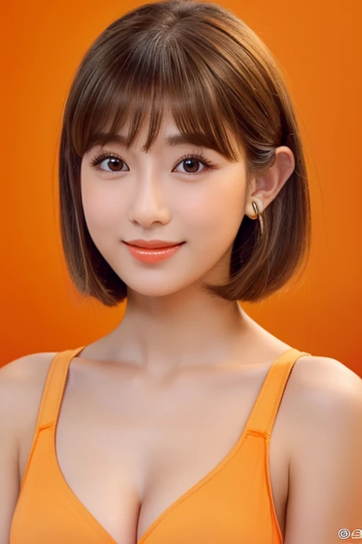 (software:1.8、masterpiece, highest quality),1 girl, alone, have, Realistic, Realistic, Looking at the audience, Light brown eyes, Brunette short bob hair with highly detailed shiny hair, short hair:1.8、Beautiful face in symmetry、naked:1.6, Whity, lips, bangs, Outdoor, Mouth closed, Upper Body、Big eyes、eyelash、((Very simple light orange background:1.8))、(((bangsのあるshort hair、Big eyes、big and full 胸、Looking at the audience、Beautiful beauty、Show me your ears、Long neck、smile、please close your mouth and smile)))、Ideal body type、((({Huge|big|Hugeな|Mega} Chest 2, Cleavage:2、happy