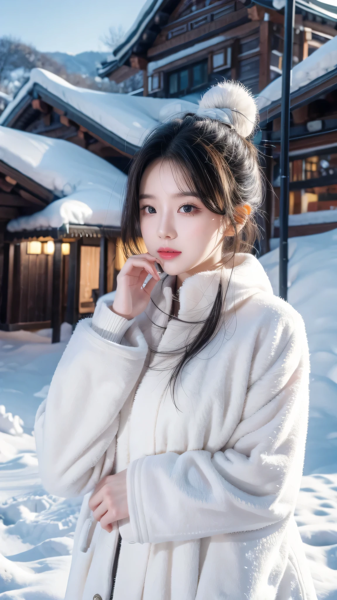 _Model shooting style, banchan is happily making a snowman with olive eyes, Single house background, Snow mountain background, snow, (Banchan green hair:0.8), (Banchan yellow hair:0.7), (banchan ombre hair:0.4), (Focus on Panchen Lama: 0.8), Zoom lens shooting, Studio Ghibli, (((masterpiece))), (((best quality))), (Extremely detailed CG unified 8k wallpaper)