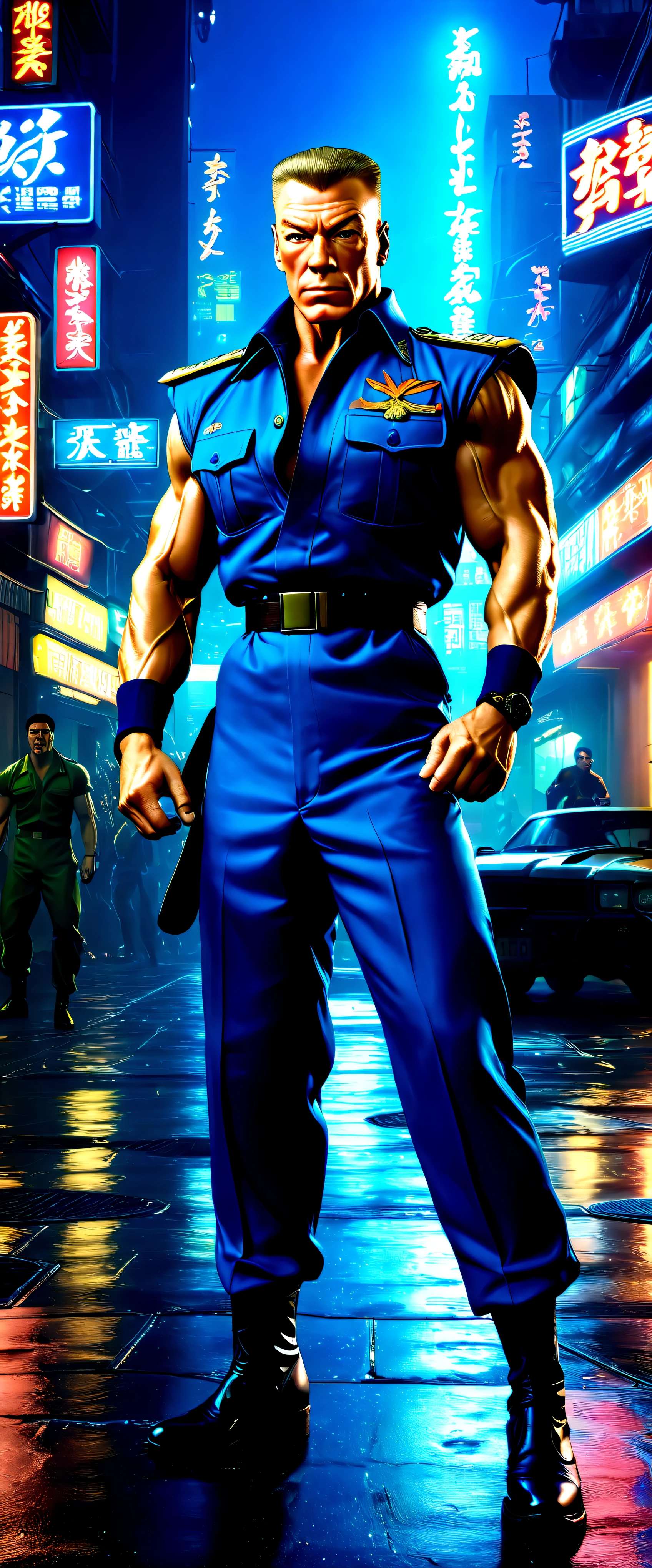 Played by Jean-Claude Van Damme『Street Fighter』The ultra-high definition image of Lt. Colonel Guile is stunning.。Guile, dressed in his iconic blue battle suit,、Full-body HD images show every muscle and detail of your enemy in intense combat。The background of the neon-lit cyber town、Add a shocking atmosphere to the scene、Create an exhilarating masterpiece。