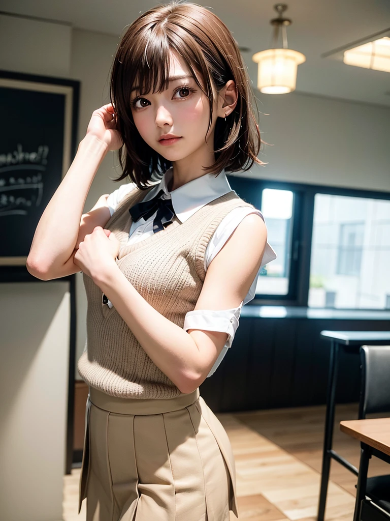 Masterpiece, Top Quality, Top Mikoto, brown eyes, short hair, small breasts, looking at viewer, alone, closed mouth, collared shirt, beige knit vest, dark blue  Skirt, school_uniform, shirt, white_shirt, classroom,Masterpiece, highest quality, 8K, detailed skin texture, fine cloth texture, beautiful detailed face, intricate details, super detailed,cute,cute posing,composition that shows the whole body,