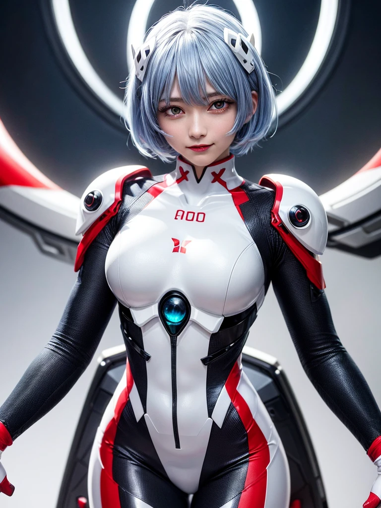 Masterpiece, highest quality, 8K, detailed skin texture, fine cloth texture, beautiful detailed face, intricate details, super detailed, portrait of Rei Ayanami, blue hair, red eyes, looking far away, no background, Evangelion Wearing a plug suit when riding, plug suit, whole body visible, standing, arms crossed, 15 years old, beautiful, cute, great style, smiling,composition that shows the whole body,