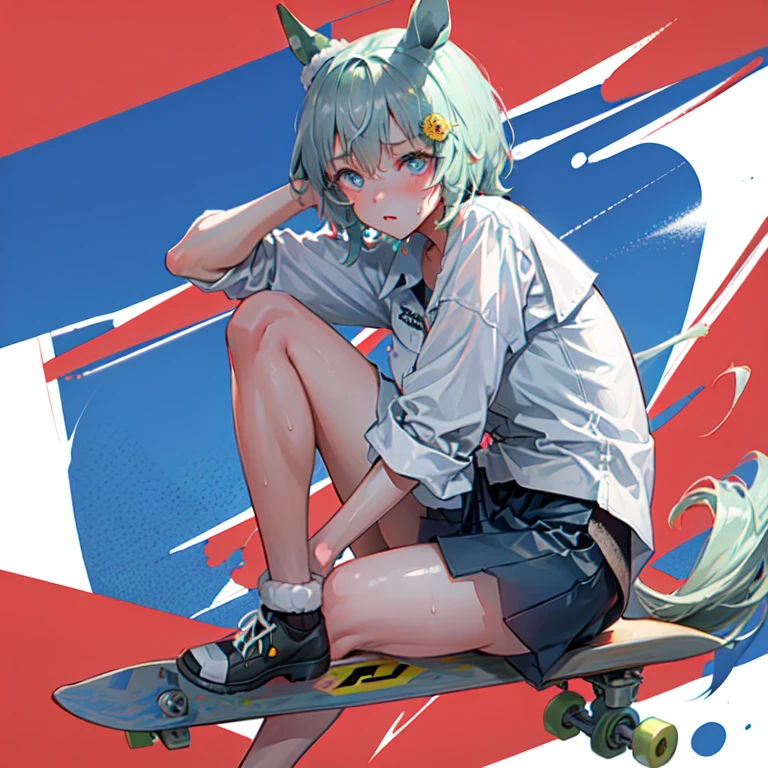 high quality,hd,16k,sharp line, Seiun Sky (umamusume),1girl,female skateboard athlete ,cute face, large breasts, nice legs,hold a skateboard, sweat,in skateboard venue,focus girl,detailed beautiful face,detailed clothes,beautiful eyes,pretty,dynamic angle
