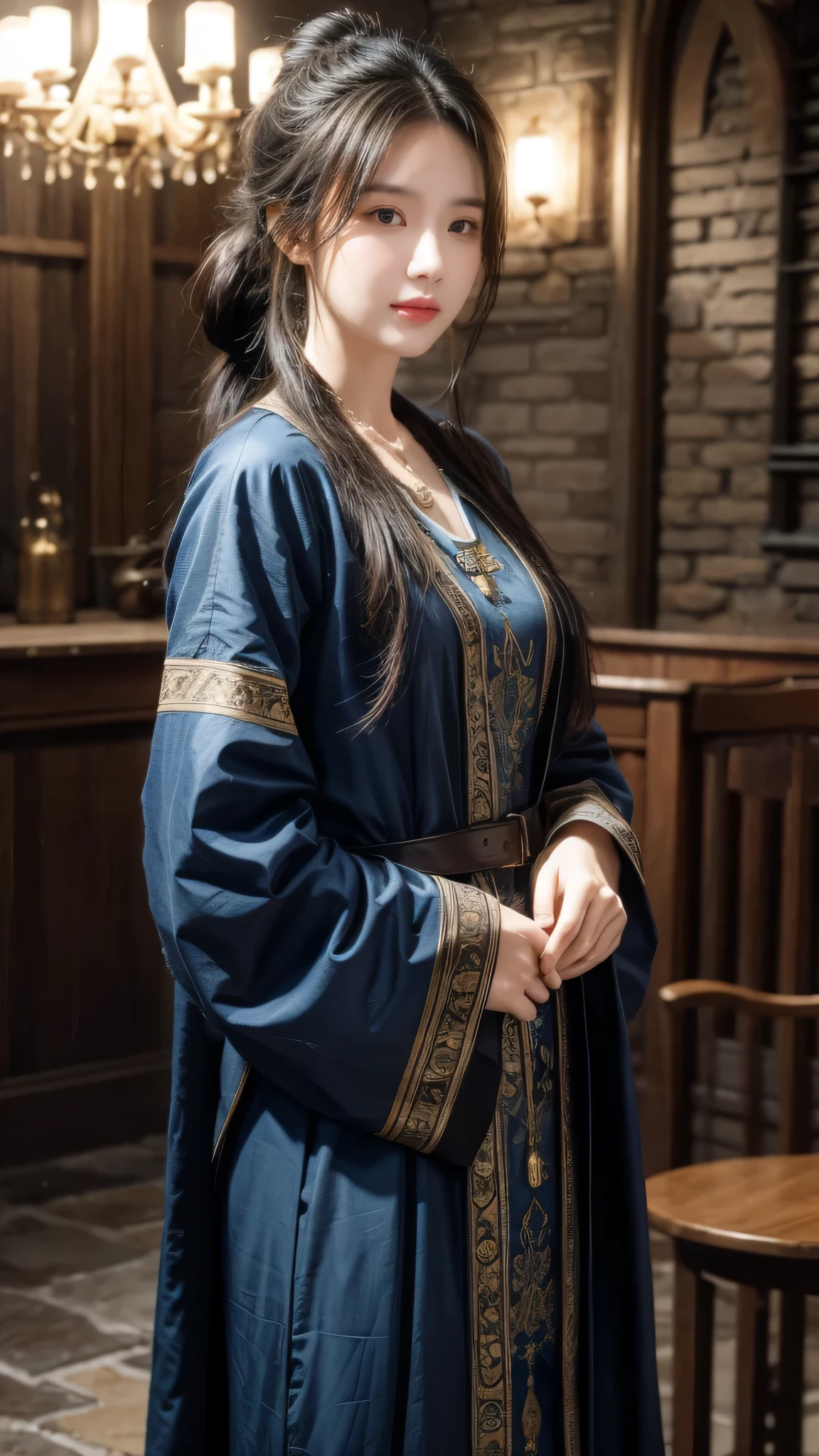 Color portrait illustration, (attractive female as a wizard, Ponytail, Wear_long_flow_blue_intricately_embroidered_wizard_robe), (necklace, Bags, belt, Smile, Very detailed face, masterpiece, best quality), Very detailed, (in dungeon), Mage_gorgeous, (Large glowing rune circle), fire and ice, Casting a Spell, Ultra-high resolution, author:Alexandre Calame、Alyssa Monks and Shigeru Ban