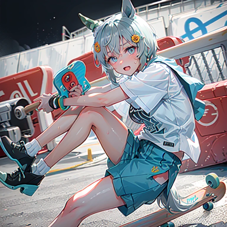 high quality,hd,16k,sharp line, Seiun Sky (umamusume),1girl,female skateboard athlete ,cute face, large breasts, nice legs,hold a skateboard, sweat,in skateboard venue,focus girl,detailed beautiful face,detailed clothes,beautiful eyes,pretty,dynamic angle