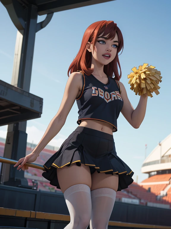 very cute and beautiful cheerleader girl,(very detailed beautiful face and crystal blue eyes:1.2),(holding a golden pom pom:1.2),(Laugh),
(Stadium Stand),Cowboy Shot,Dynamic Pose,zettai ryouiki,(orange ang black sleeveless shirt),Beautiful legs,Skirt lift,White panties,Dynamic Angle,red hair,
(Best Quality,masutepiece:1.2),Intricate details,Ultra-detailed,hight resolution,1 girl,Looking at Viewer,
Natural lighting,Hair fluttering in the wind,Beautiful detailed sky,