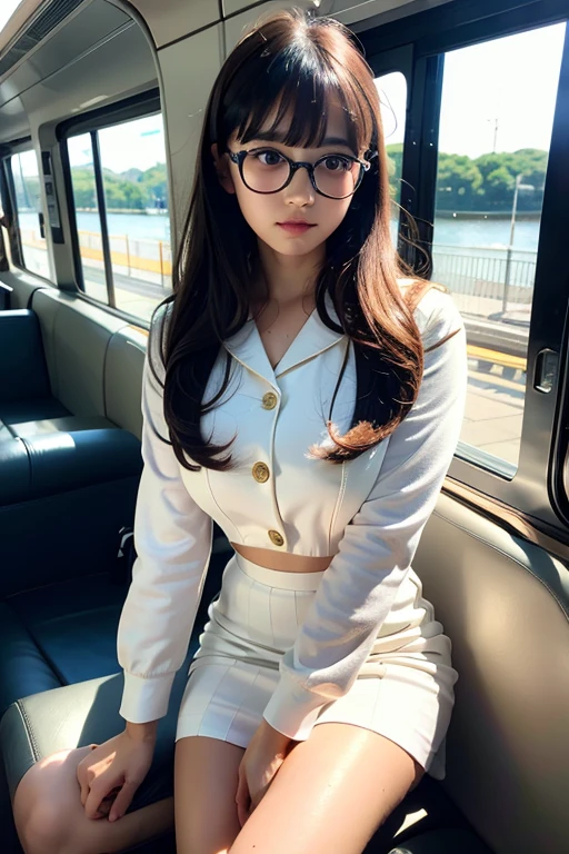 ((highest quality)), ((masterpiece)), (detailed), Perfect Face　Long Hair　bangs　White sailor suit mini skirt　Leather shoes　16 years old　Commuting by train　profile　Looking out the window　profile　Glasses



