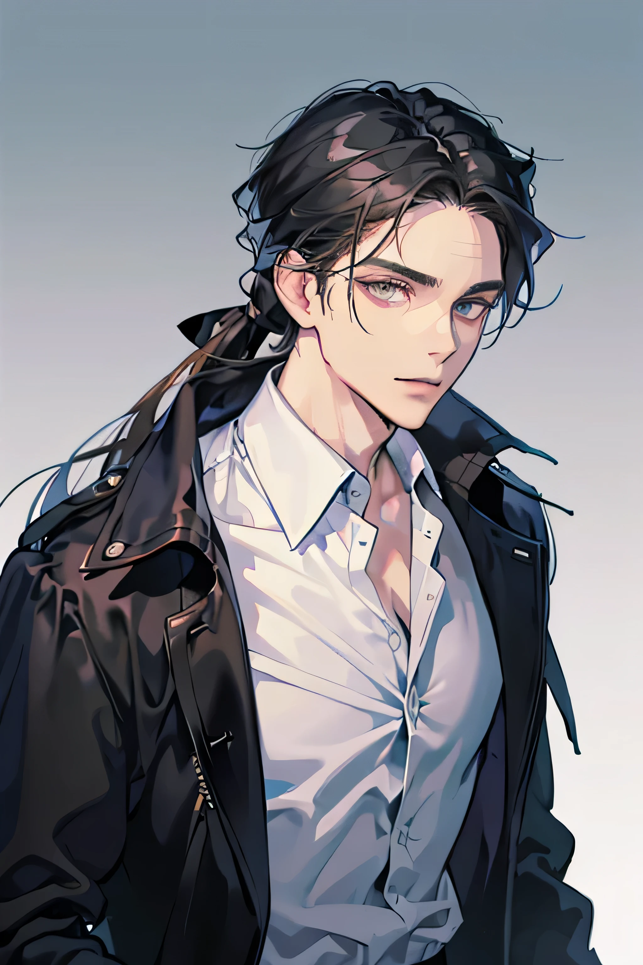 A man with long black hair tied behind his head, and black marked eyes. Wears a black trench coat with a white button-down shirt underneath.