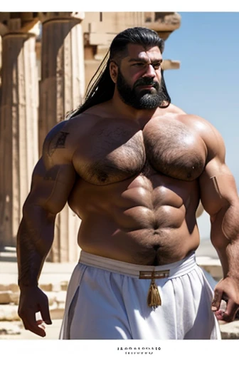  A very oiled full body classical Greek warrior bodybuilder. Un anciano sonriente y sudoroso con cabello gris y rubio largo y ondulado, extremely muscular and extremely fat over 70 years old weighs over 600 pounds very muscular very hairy large pectorals with gynecomastia Large dark pointed nipples in front of a classic Greek temple with a short white linen skirt 