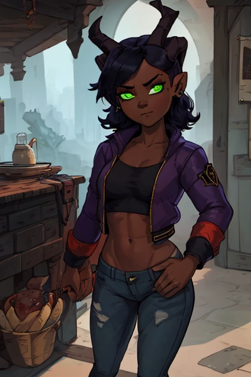 (Masterpiece) (High Detail) (High Res) (Black Skin) Looking from above A young black humanoid FutEred with dark skin and ebony flesh and green eyes and short scruffy black hair and goat ears and short dark goat horns and a toned body and small to average breasts and dressed like a punk wearing a red jacket and black jean pants on