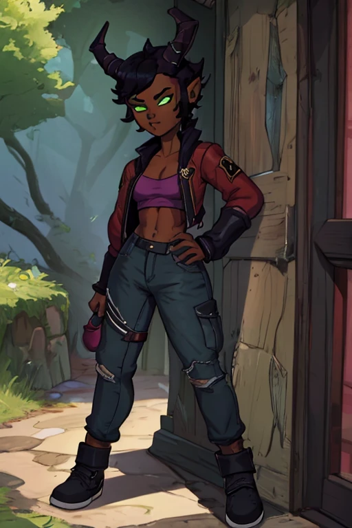 (Masterpiece) (High Detail) (High Res) (Black Skin) Looking from above A young black humanoid FutEred with dark skin and ebony flesh and green eyes and short scruffy black hair and goat ears and short dark goat horns and a toned body and small to average breasts and dressed like a punk wearing a red jacket and black jean pants on