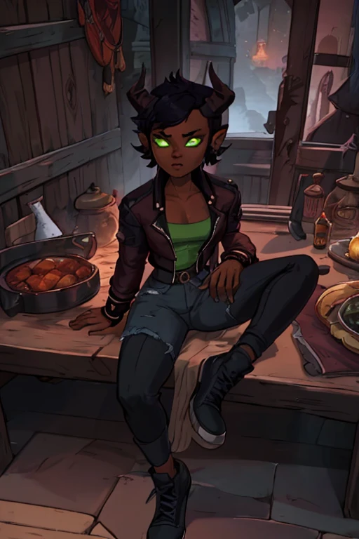 (Masterpiece) (High Detail) (High Res) (Black Skin) Looking from above A young black humanoid FutEred with dark skin and ebony flesh and green eyes and short scruffy black hair and goat ears and short dark goat horns and a toned body and small to average breasts and dressed like a punk wearing a red jacket and black jean pants on