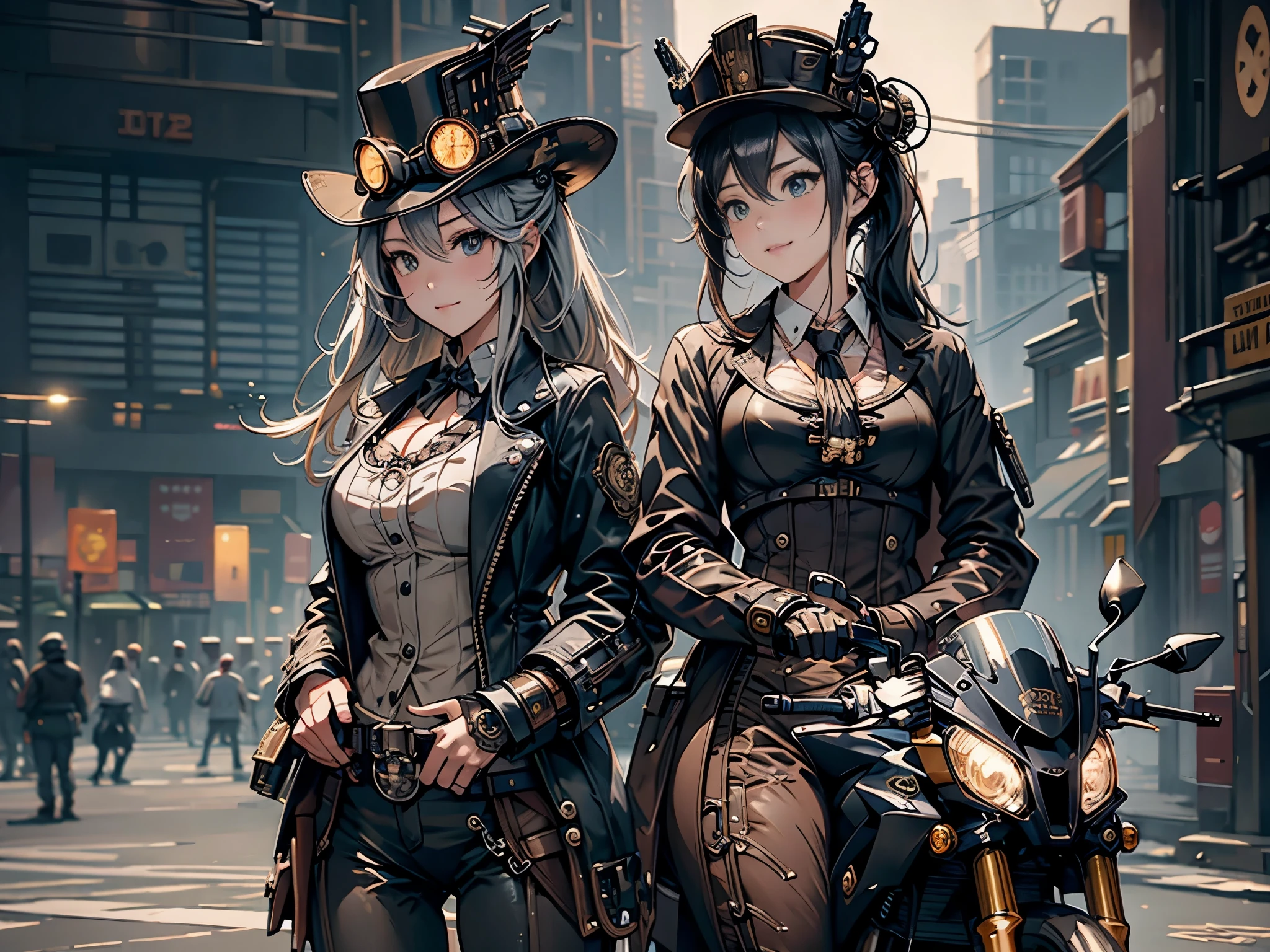 (Line art_anime),(Cowboy Shot, highest quality, ),(Laura Budd Photos:1.2),(Laura Add details:1.0),8K, Flat Color:0.8,Dynamic Angle,1 girl,smile、(On a steampunk motorcycle:1.5)、An elaborately decorated motorcycle、(Highly decorative and complex mechanical steampunk fashion, lace flare dolphin hat、goggles 1.5、machinery background、Gear background、Intricately mechanized steampunk cityscape 1.5),