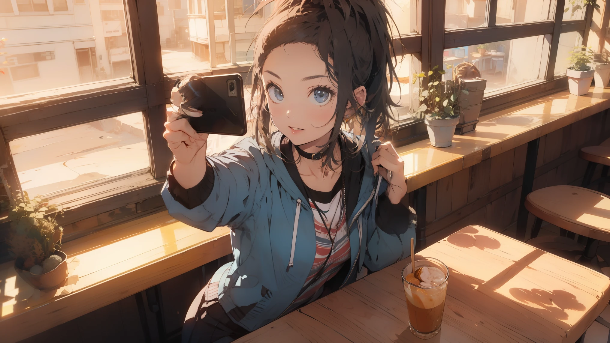 ((1WOMAN:1)),((TAKING-A-SELFIE:1)),((HIGH-ANGLE-VIEW:1.2)), IN A CAFE, ((AESTHETIC:1)), ((SHORT-PONYTAIL:1))