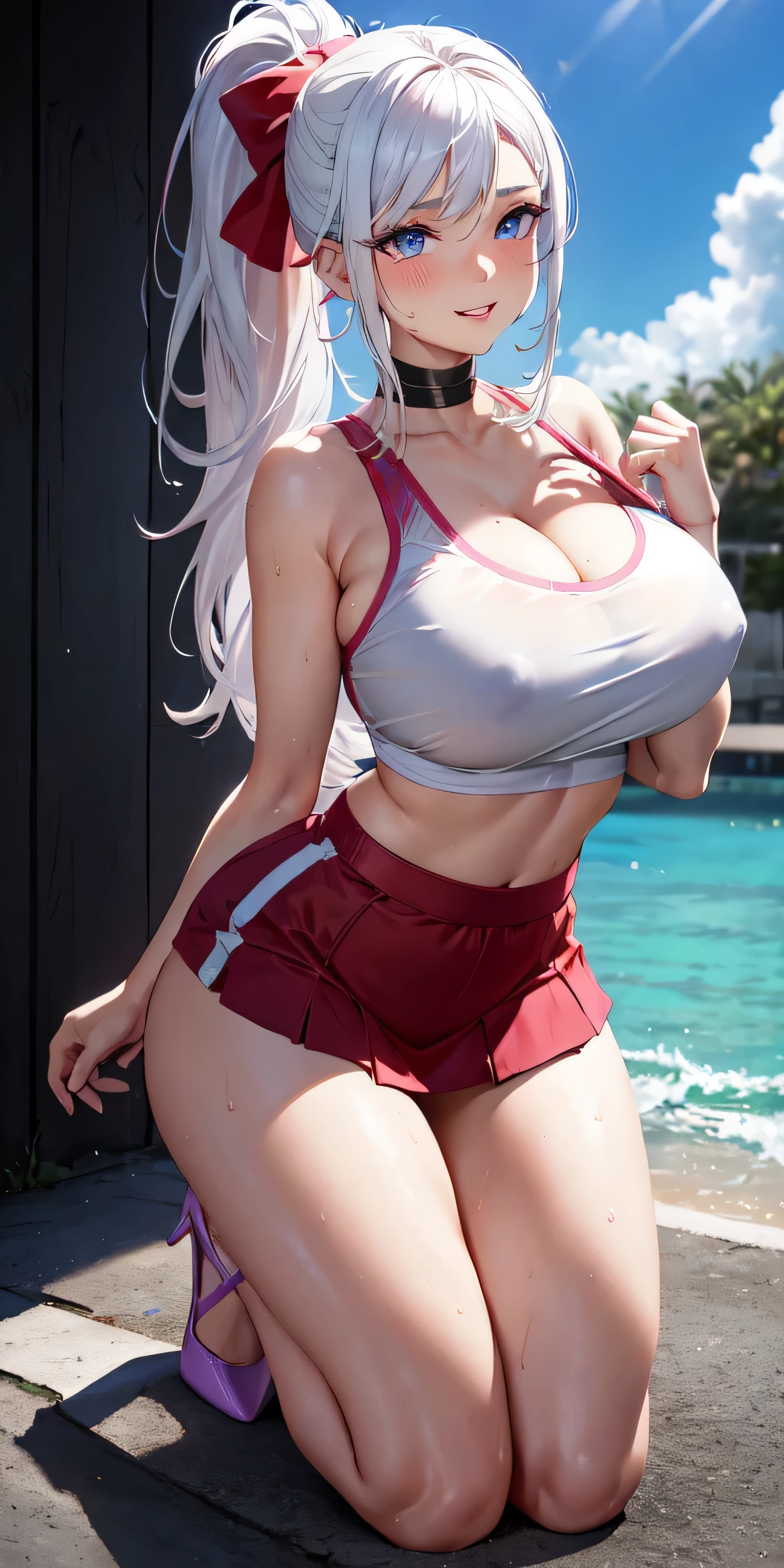 realistic, 1girl, ponytail, parted lips, blush, makeup, light smile, white hair, sportswear, skirt, wet clothes, glow, thighs, purple eye, bare shoulders, collarbone, narrow waist, sunbeam, sunlight, rose, wind, cleavage, (masterpiece), sweat, (cara feliz), (olhos verdes), (saia), (corpo fitness), (face madura), (roupas cor-de-rosa), (Fundo da aldeia da folha), (atraente), (hot), (sweat 1.5)Beautiful woman,1个Giant Breast Girl(work of art), (masterpiece), (best quality), a, (blue eyes),, red bow, , butts , full figure head to toes , standing on heels, wearing heels showing nipples, beautiful cute smile, showing big curved , wearing heels, sports heels, grabbing her brests tight, grabbed brests, long legs, long beautiful legs, thighs highs, kneeling,