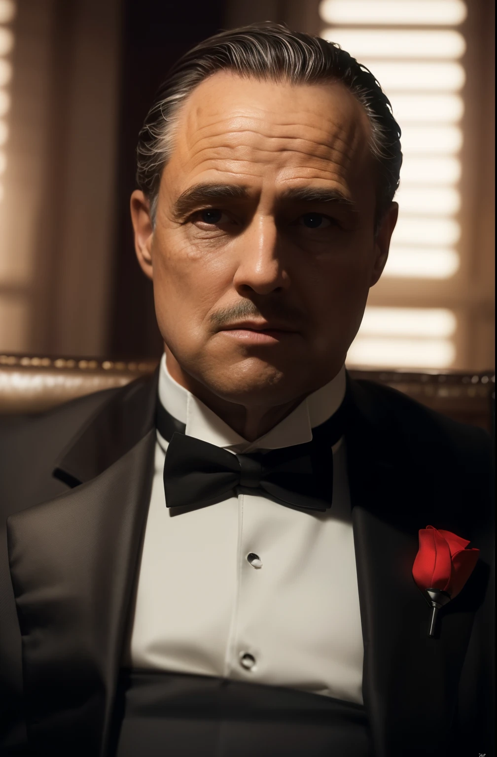 Sitting on chair, in dark room,
Black_suit,Black_jacket,shirt,tuxedo,red_Rose in his lapel, (Close-Up:1.0),(face_focus:1.0),(upper_body),
pubic_hair,bowtie, blue_eyes, brown watch,
1 old_Man, 50yo,male,looking at viewer,(closed mouth:1.0),
NSFW,official art,extremely detailed CG unity 8k wallpaper, perfect lighting,Colorful, Bright_Front_face_Lighting,
(masterpiece:1.0),(best_quality:1.0), ultra high res,4K,ultra-detailed,
photography, 8K, HDR, highres, absurdres:1.2, Kodak portra 400, film grain, blurry background, bokeh:1.2, lens flare, (vibrant_color:1.2)