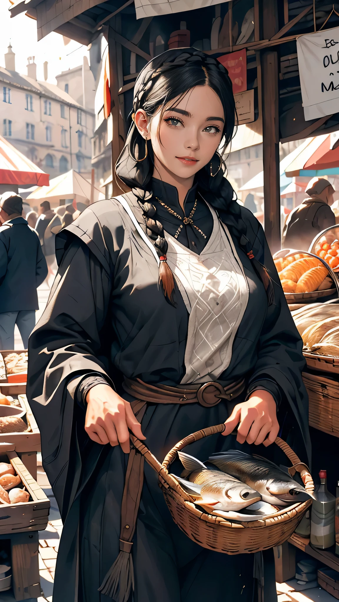 depict a woman with long, flowing black hair and intricate braids with black and white garment, engaging with an old man selling fish at a bustling medieval market. talking with fish seller, Emphasize the woman's elegant attire and the vibrant market scene with authentic period details.