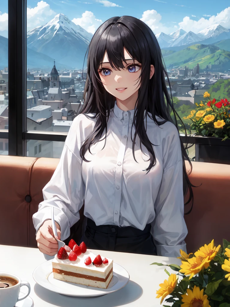 (looking away:1.2),(masterpiece:1.2), (best quality),(ultra detailed),(extremely detailed),(absolutely resolution) ,absurdres,8k, 1girl-drinking-hot-coffee, cafe, city, sitting-on-the-chair, grin, cake, mountain, flowers-pods, windy, 
BREAK,  ultra detailed eyes, long hair, messy hair, (gradation hair:1.2),