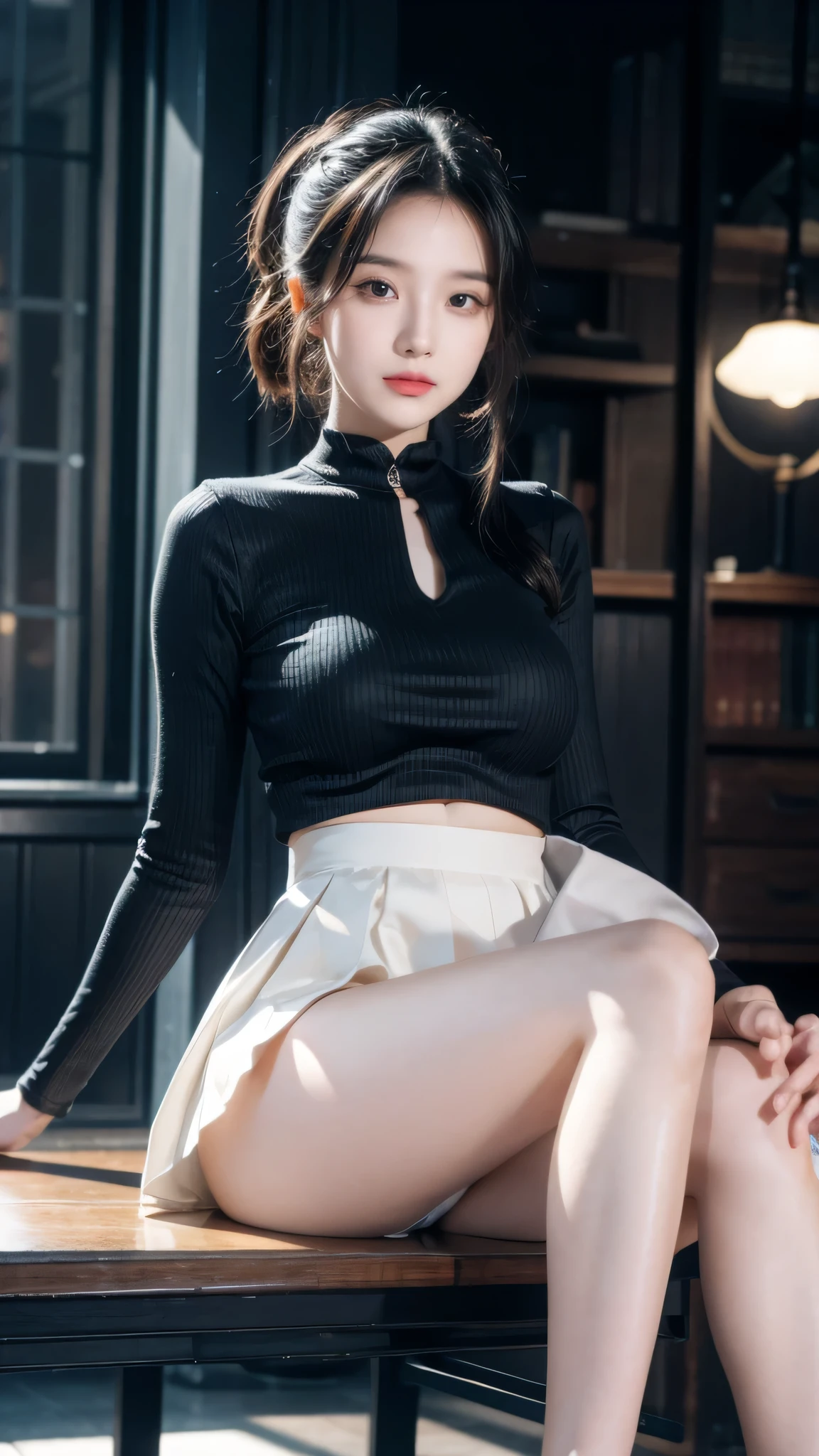 highly detailed, 8k, masterpiece, 1 Girl, Blue pleats_hair_Tube, skirt, bending_Exceed , giggle, (perfect_Face), sitting, table, Gorgeous, Wheels within wheels, Dramatic Lighting, 4K, detailed_background, Caustic lines, full_Body, (Surrealism:1.3), Bloom,(Beautiful Lights:1.3), Caustic lines, Dynamic Lighting, Beautiful Lights,