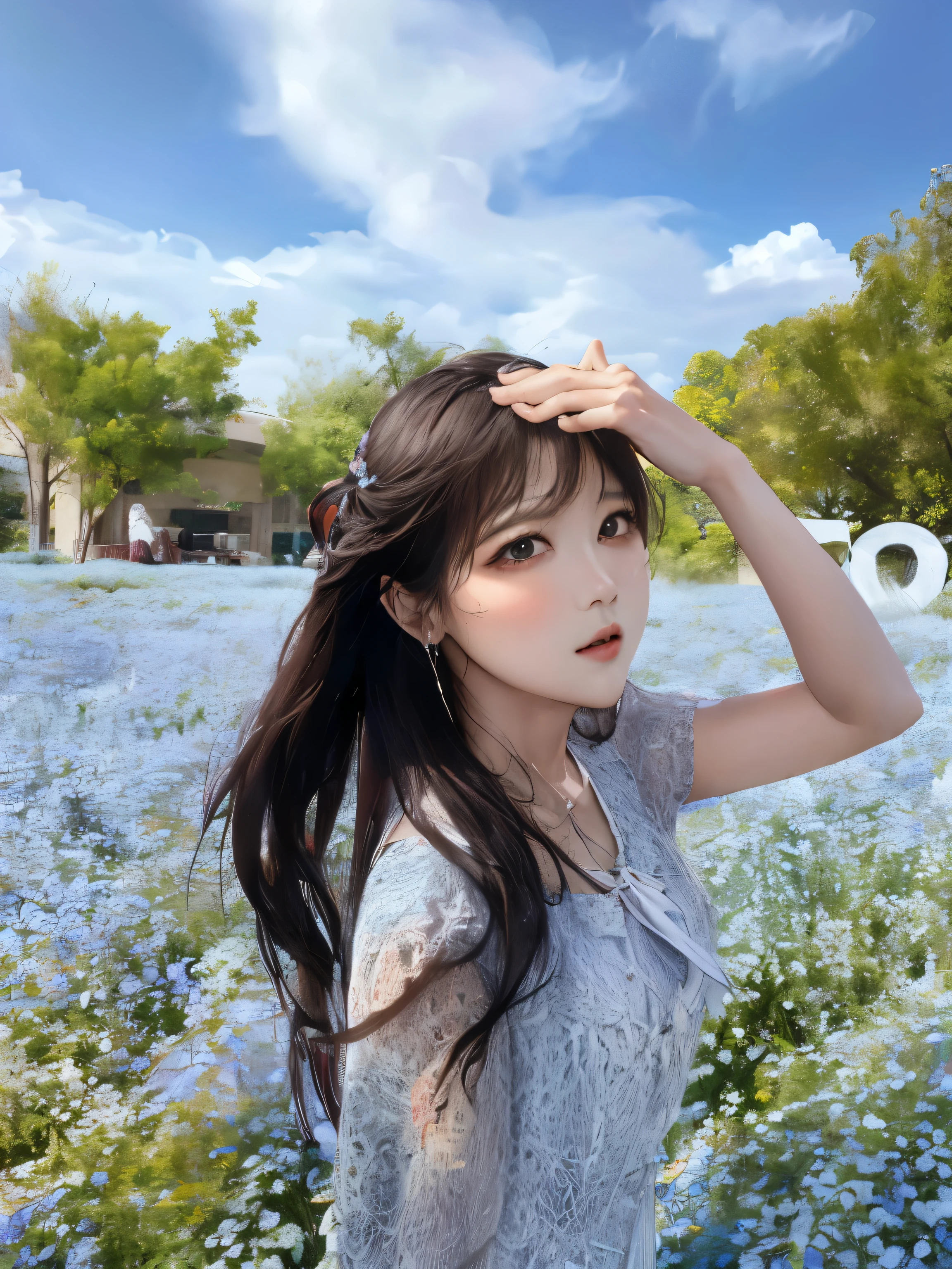 Arabian woman standing in a flower field with her hands on her head, Bae Suzy, Chiho, sakimichan, Yoshitomo Nara, Shin Jinyoung, TWICE's Tzuyu, Ulzzang, Hungry Ghost Festival, 🚿🗝📝, With flowers, harumi, Nam Jae-young