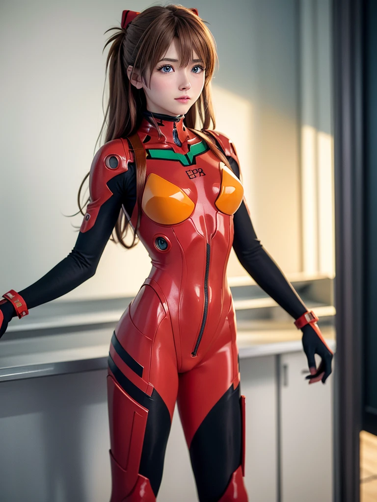 ((Best quality)), ((Masterpiece)), (Details: 1.4), 3D, Asuka Langley Soryu, Asuka, high resolution (high dynamic range), ray tracing, NVIDIA, super resolution, Unreal 5, subsurface scattering ,PBR texturing, post-processing, anisotropic filtering, depth of field, maximum sharpness and sharpness, multi-layered textures, albedo and specular maps, surface shading, accurate simulation of light and matter interaction, perfect proportions ,Octane Rendering,Two-Tone Lighting,Wide Aperture,Low ISO,White Balance,Rule of Thirds,8K RAW,(Masterpiece: 1.4, Best Quality), (Intricate Details), Unity8k Wallpaper, Highly Detailed, Beautiful and Mysterious, Details background, realistic, alone, perfectly detailed face, detailed blue eyes, highly detailed, blush, hair ornament, chignon mahogany hair, (blonde), plug suit 02, Shikinami Asuka Langley, Evangelion, Slender -yeld gi full body suit, black background, above the waist,composition that shows the whole body,