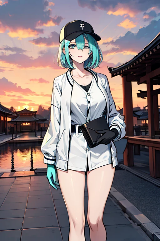 (Absurd, 8k, 4K, masterpiece, Extremely detailed:1.2), alone, One girl, View your viewers, Portraiture, highest quality, Expressive eyes, Perfect Face, One girl, Portraiture, View your viewers, alone, Are standing, woman, Toned body, mature woman, Too big breasts, pale, Turquoise Hair, Calm, Medium Hair, balance, Long gloves, Hair on one eye, Yin and Yang, Fufa, Master of Perception, it was_fua, hair accessory, Calm, wallet, Pause, Temple Background, Cloudy, sunset, Hair covering one eye, Casual wear, Baseball cap, White shirt, Open jacket, Half Body