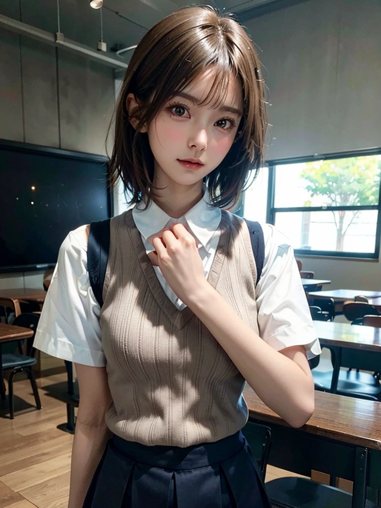 Masterpiece, Top Quality, Top Mikoto, brown eyes, short hair, small breasts, looking at viewer, alone, closed mouth, collared shirt, beige knit vest, dark blue Skirt, school_uniform, shirt, white_shirt, classroom,Masterpiece, highest quality, 8K, detailed skin texture, fine cloth texture, beautiful detailed face, intricate details, super detailed,cute,cute posing,composition that shows the whole body,