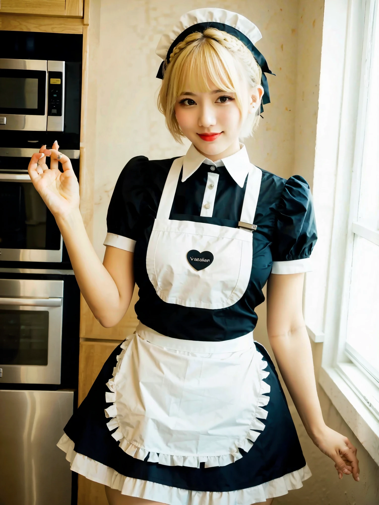photo of th3r0ck as a playful maid, 1girl, undercut hair, apron, amazing body, pronounced feminine feature, busty, kitchen, blonde medium hair, flirting with camera
