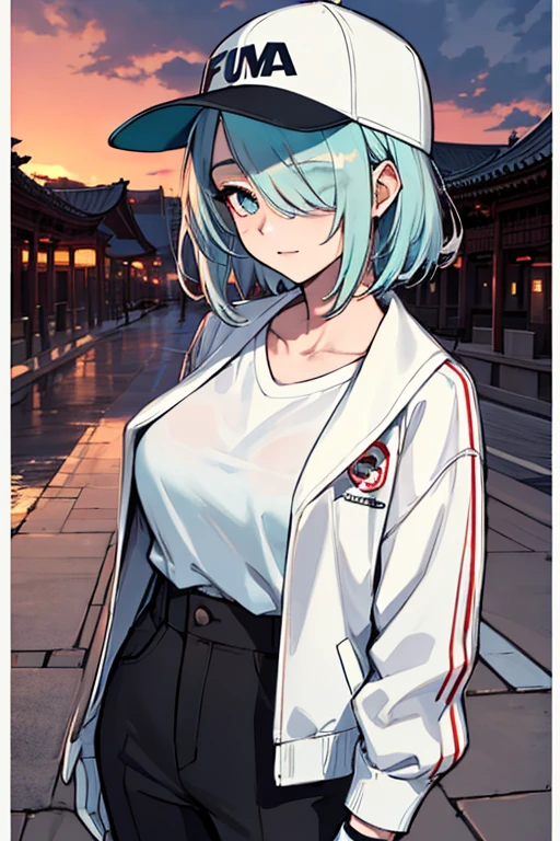 (Absurd, 8k, 4K, masterpiece, Extremely detailed:1.2), alone, One girl, View your viewers, Portraiture, highest quality, Expressive eyes, Perfect Face, One girl, Portraiture, View your viewers, alone, Are standing, woman, Toned body, mature woman, Too big breasts, pale, Turquoise Hair, Calm, Medium Hair, balance, Long gloves, Hair on one eye, Yin and Yang, Fufa, Master of Perception, it was_fua, hair accessory, Calm, wallet, Pause, Temple Background, Cloudy, sunset, Hair covering one eye, Casual wear, Baseball cap, White shirt, Open jacket, Half Body