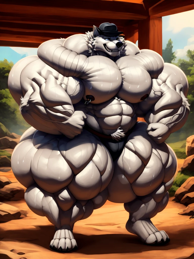 4k, high resolution, best quality, perfect lightning, perfect, solo, anthro, young, boy,white wolf:2.0, furry body, (fluffy mane:1.2), fluffy tail, male, adult, (bulky2:0, thick muscles2:0, huge muscles:2.0, hyper muscles:2.0), (thick biceps, veiny biceps, big broad veiny pecs:2.0, broad shoulders:2.0), (thick legs, thick calves:1.1), (digitigrade legs, 4 toes:1.2), perfect colors, (photorealistic fur, detailed fur, epic, masterpiece), (suggestive posing:1.2), (seductive smile, lustful grin 1.3), detailed beach,detailed wolf eyes:2.0, by k0suna, by darkgem,nipple ring,big pecs:2.0,hyper arms:2.0,veins,white body,white fur,hyper butt:2.0,hyper paws:2.0,standing,thick legs,thick butts:2.0,sweat body:2.0,massive butt:2.0,black hat,hyper ass:2.0,huge ass:2.0,presenting butt:1.2,long legs