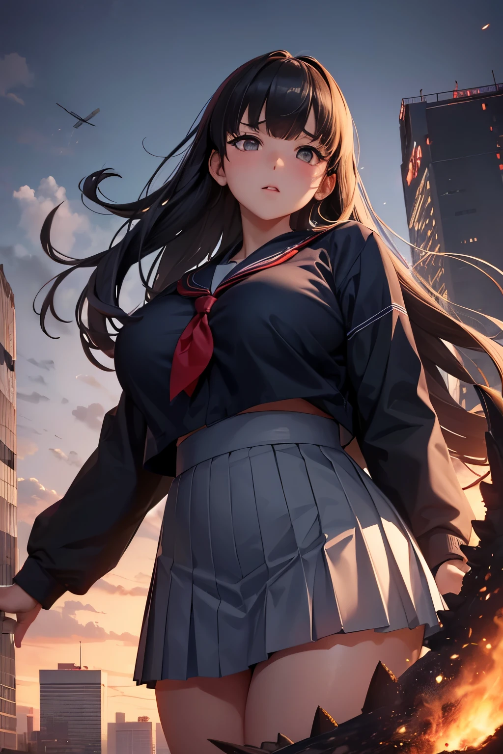 A high school girl as huge as Godzilla destroys a building, wearing a Japanese sailor suit, a navy pleated skirt, from the perspective of the citizens, looking up from below, glaring at the citizens below her, a masterpiece, high definition,